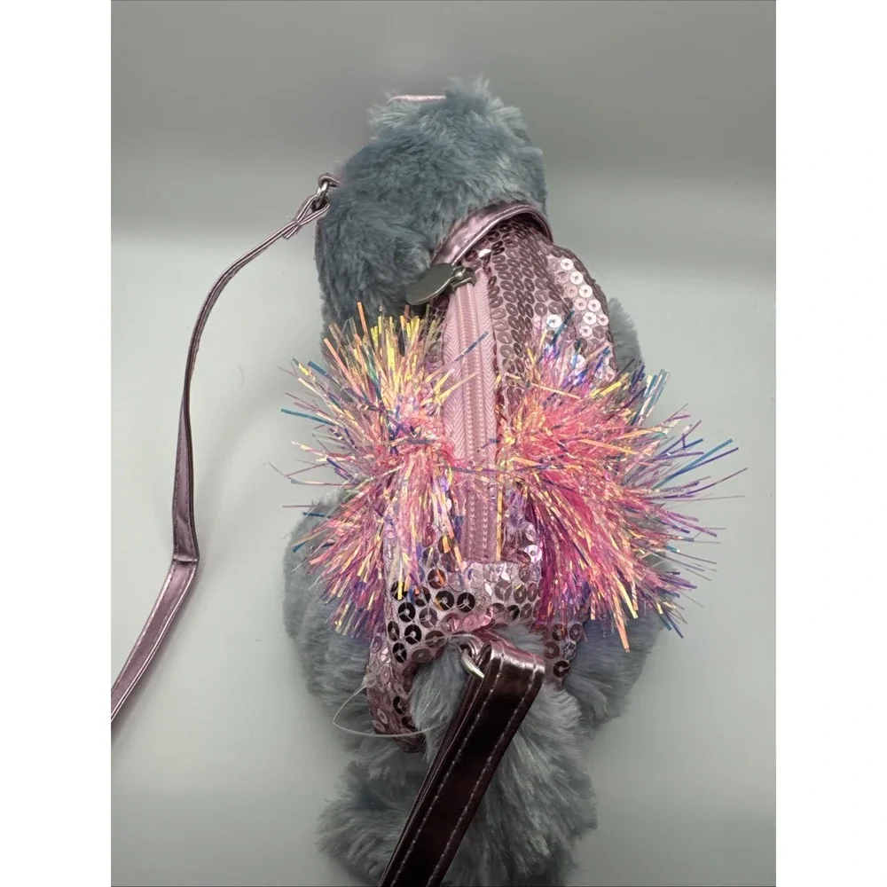Poochie & Co Gray Plush Kitty Purse w/Strap Pink Sequined TuTu Collar & Tag Zip